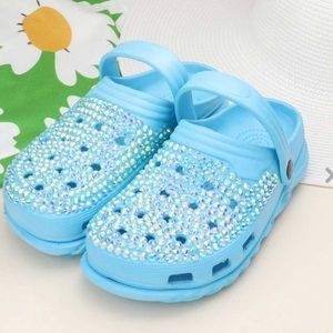 Blue Bling Rhinestone Crystal Slip On Croclike Slides Rubber Clogs Shoes